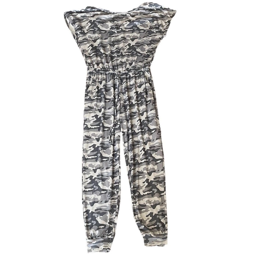 PrettyGarden Camo Jumpsuit M Gray Jogger Style Drawstring Waist Comfy Casual
